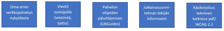 Oma arvio verkkopalvelun nykytilasta, viestit toimijoille (viestintä, taitto), palvelun ohjeiden päivittäminen (LibGuides), julkaisusuunnitelman tekijän informointi, käsikirjoitus: tekninen tarkistus pdf/WCAG 2.1