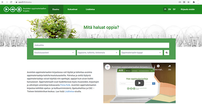 Näkymä Avointen oppimateriaalien kirjaston etusivulta.