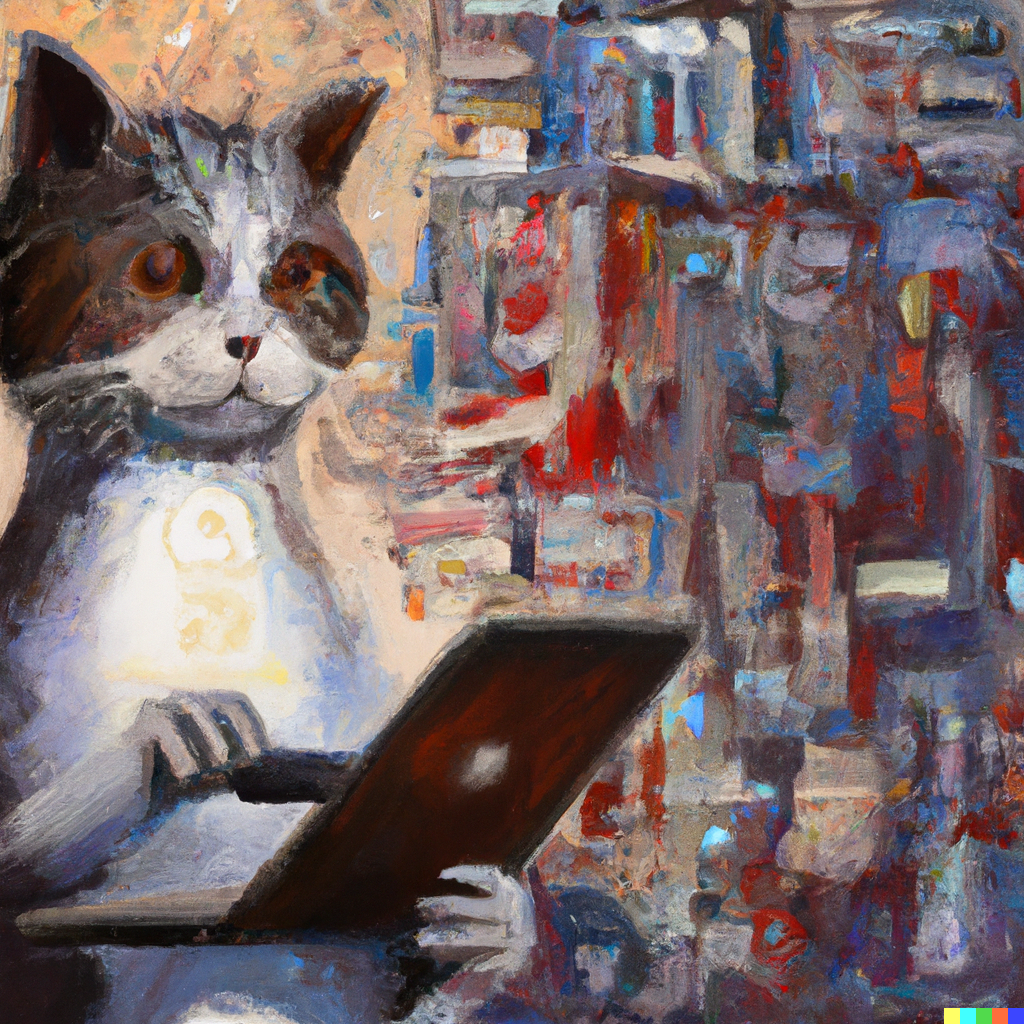 Kuva 2. Open AI:n DALL-E:lla tehty kuva aiheesta Cat doing information retrieval graphic art.