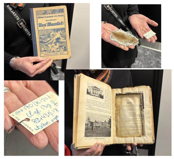 Vitriinissä säilytetään mm. Vanhaa sisältä piilopaikaksi kaiverrettua kirjaa ja hiirennahkaa, jota on käytetty kirjanmerkkinä.