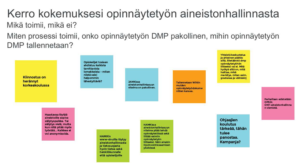 Kuva 2. Webinaarin jamboardissa jaettuja kokemuksia opinnäytetöiden aineistonhallinnasta.