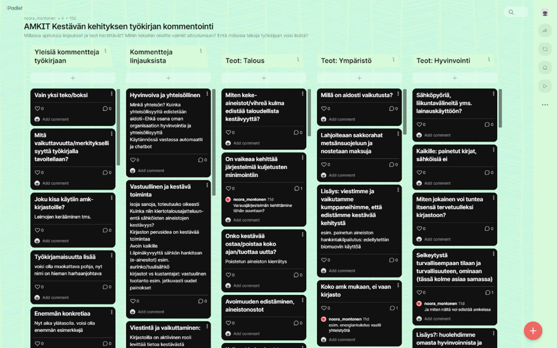 Kuva 5. Kuvankaappaus Padlet-alustalta, johon pyydettiin kommentteja kirjastoilta.