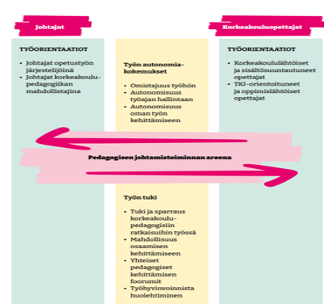 Kuva 3. Korkeakoulun pedagogiseen johtamiseen vaikuttavat tekijät. (Mäki 2022, 221)