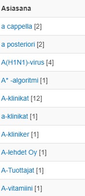 Kuva 3. Asiasanaselauksen alkupäätä