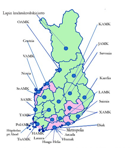 Kuva 1. Kirjastojen järjestelmävalinnat maantieteellisesti keväällä 2018. Vihreällä merkityt ovat SaaS-kirjastoja ja punaisella Koha-kirjastoja.