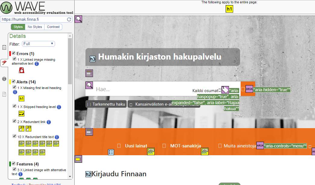 Kuva 2: Humak Finnan etusivu Wave Web Accessibility Tool -työkalulla tarkasteltuna.