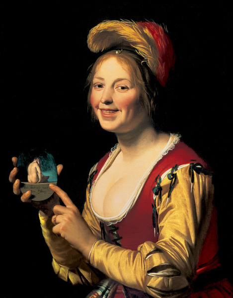 Gerard van Honthorst: Smiling Girl, a Courtesan, Holding an Obscene Image